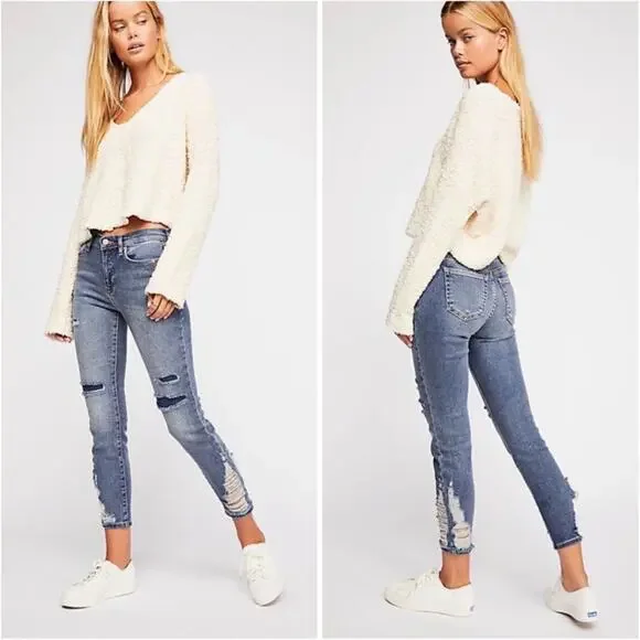 FREE PEOPLE About a Girl Distressed High Rise Ankle Skinny Denim Jeans Size 26 - Picture 1 of 11